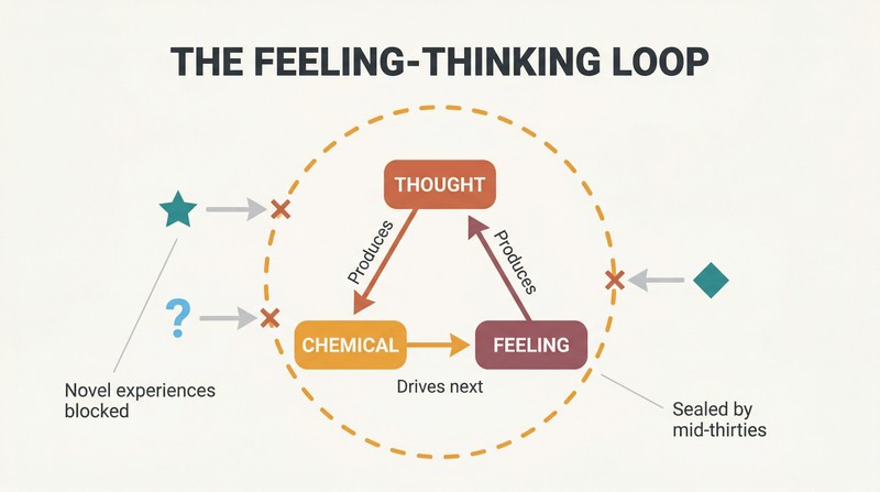 Closed circular feedback loop connecting thoughts, chemicals, and feelings, with novel experiences shown as blocked icons deflected outside the sealed cycle.