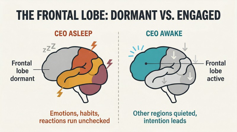 Split-panel comparison of two brain profiles showing a dimmed frontal lobe with chaotic activity versus an illuminated frontal lobe quieting other regions.