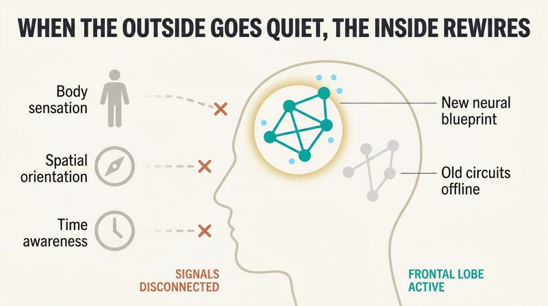 Head silhouette with three fading external signals for body, space, and time outside, and bright new neural connections forming inside.