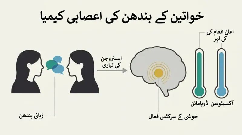 Diagram showing how verbal bonding in the female brain triggers a massive surge of dopamine and oxytocin, activating pleasure circuits to maximum levels.