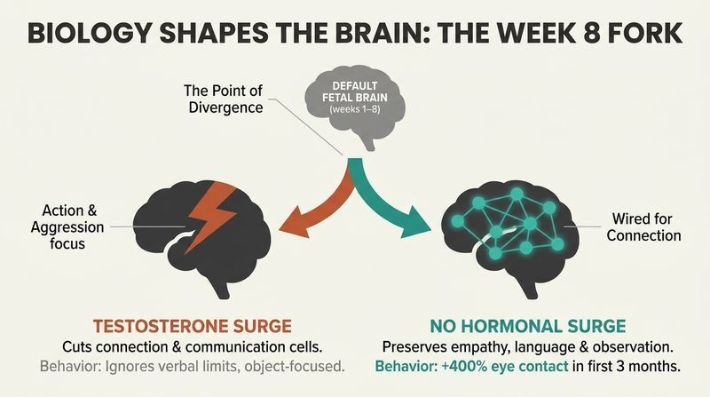A fork diagram showing how the default fetal brain splits at week 8 into male and female developmental pathways, resulting in distinct biological wiring for connection in girls.