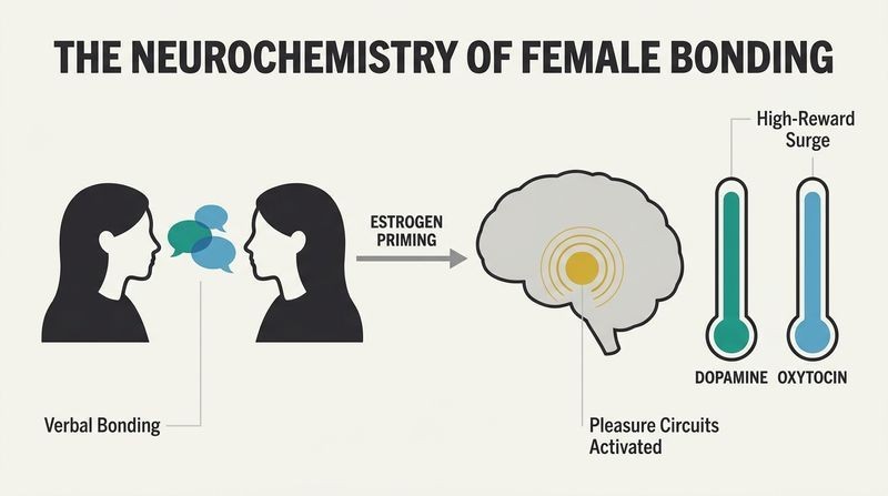 Diagram showing how verbal bonding in the female brain triggers a massive surge of dopamine and oxytocin, activating pleasure circuits to maximum levels.