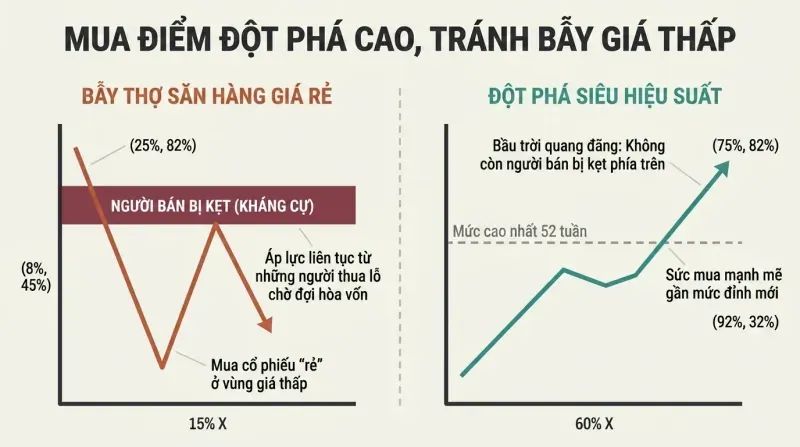 Side-by-side stock chart comparison showing how cheap stocks get stuck under a ceiling of trapped sellers, while stocks hitting new highs breakout into clear sky with no resistance.