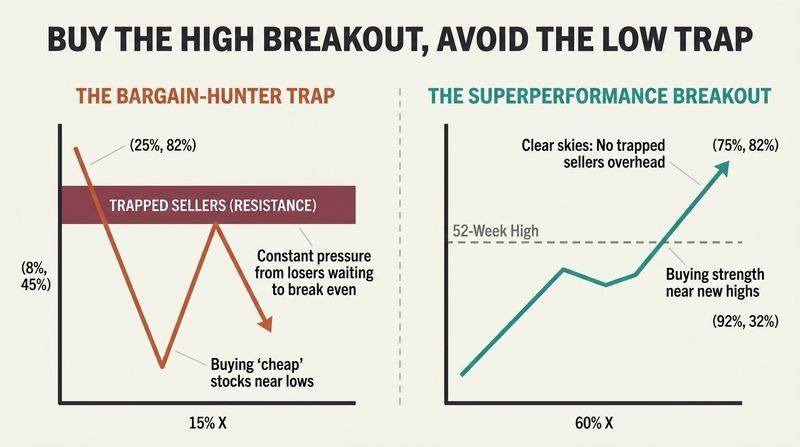 Side-by-side stock chart comparison showing how cheap stocks get stuck under a ceiling of trapped sellers, while stocks hitting new highs breakout into clear sky with no resistance.
