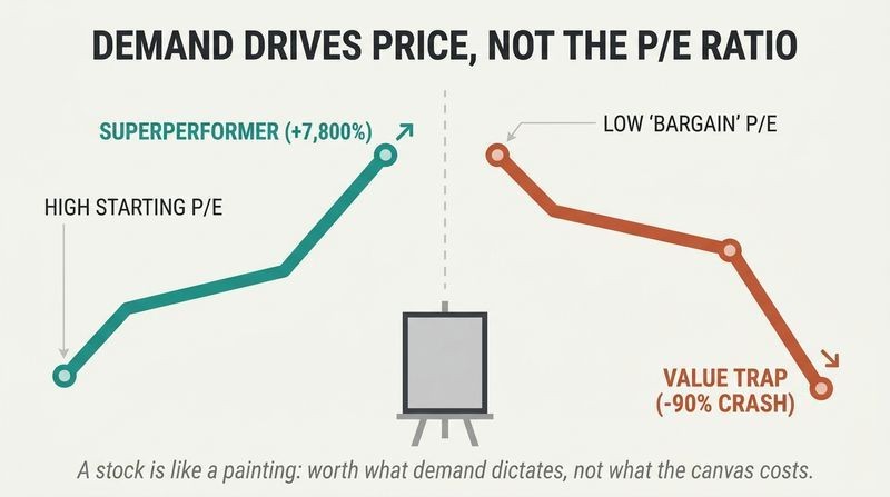 Split panel diagram contrasting a high P/E stock skyrocketing due to demand against a low P/E stock crashing.