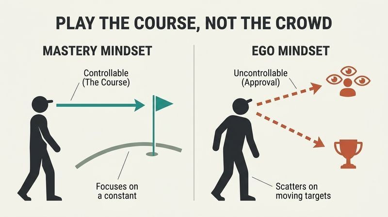 Split panel diagram comparing a mastery-oriented golfer with a single laser focus on the course flag against an ego-oriented golfer with scattered focus lines pointing toward crowd approval and trophies.