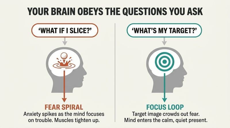 Split diagram contrasting how asking "What if I slice?" visualizes failure and causes a fear spiral, while asking "What's my target?" visualizes success and locks in focus.