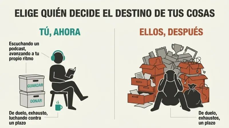 A comparative split-panel diagram contrasting a calm person organizing their own belongings with headphones on, versus an overwhelmed, grieving relative later buried under chaotic, towering boxes of unwanted junk.