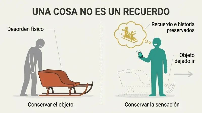 Split panel diagram comparing a person burdened by keeping a heavy physical sled with a person who has discarded the physical sled but happily preserved its memory.
