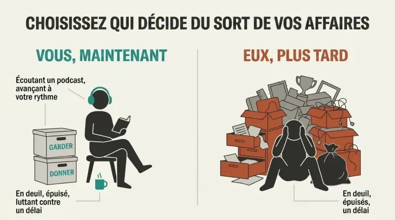 A comparative split-panel diagram contrasting a calm person organizing their own belongings with headphones on, versus an overwhelmed, grieving relative later buried under chaotic, towering boxes of unwanted junk.
