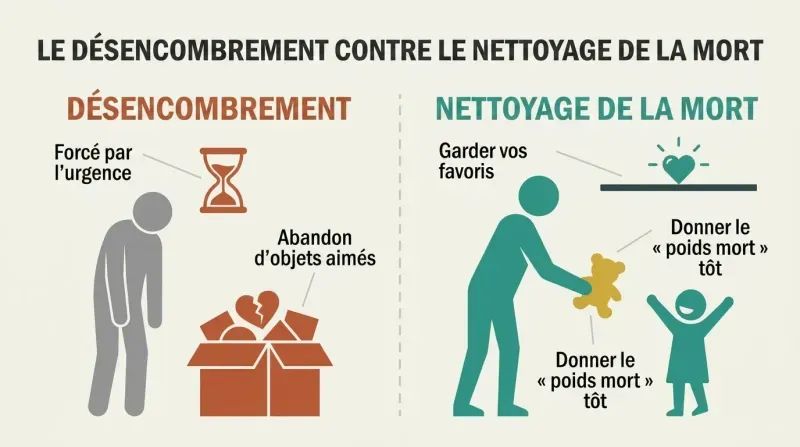 A split-panel diagram contrasting forced downsizing on the left with mindful, voluntary death cleaning and early gifting on the right.