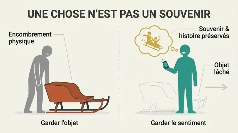 Split panel diagram comparing a person burdened by keeping a heavy physical sled with a person who has discarded the physical sled but happily preserved its memory.