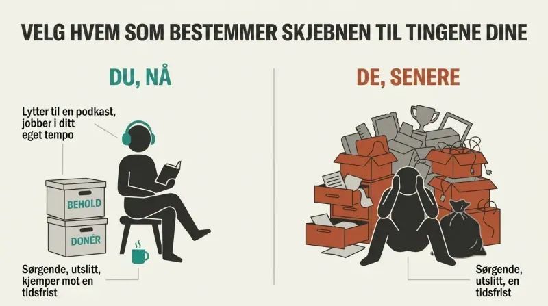 A comparative split-panel diagram contrasting a calm person organizing their own belongings with headphones on, versus an overwhelmed, grieving relative later buried under chaotic, towering boxes of unwanted junk.