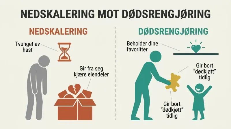 A split-panel diagram contrasting forced downsizing on the left with mindful, voluntary death cleaning and early gifting on the right.
