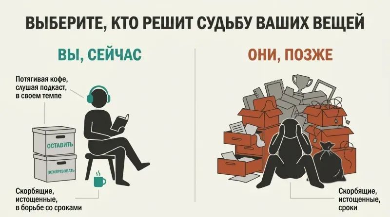 A comparative split-panel diagram contrasting a calm person organizing their own belongings with headphones on, versus an overwhelmed, grieving relative later buried under chaotic, towering boxes of unwanted junk.