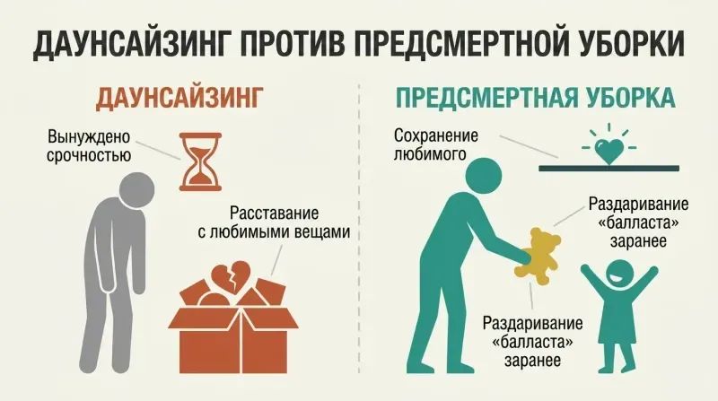 A split-panel diagram contrasting forced downsizing on the left with mindful, voluntary death cleaning and early gifting on the right.