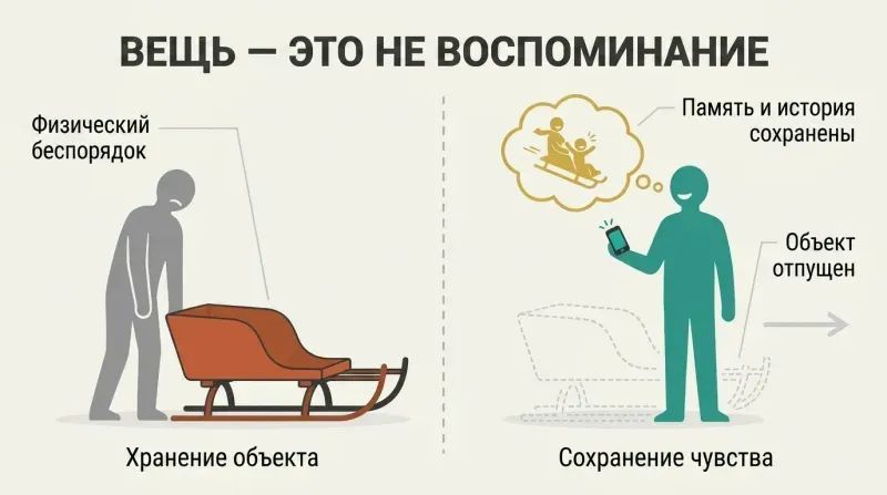 Split panel diagram comparing a person burdened by keeping a heavy physical sled with a person who has discarded the physical sled but happily preserved its memory.