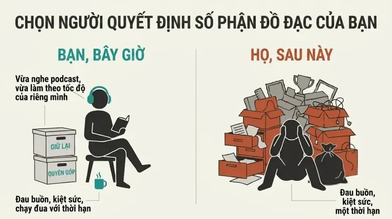 A comparative split-panel diagram contrasting a calm person organizing their own belongings with headphones on, versus an overwhelmed, grieving relative later buried under chaotic, towering boxes of unwanted junk.