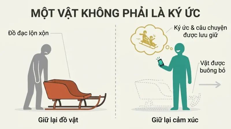 Split panel diagram comparing a person burdened by keeping a heavy physical sled with a person who has discarded the physical sled but happily preserved its memory.