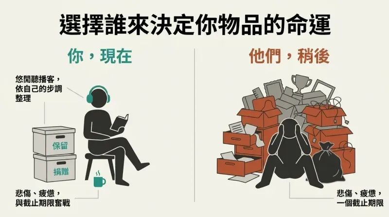 A comparative split-panel diagram contrasting a calm person organizing their own belongings with headphones on, versus an overwhelmed, grieving relative later buried under chaotic, towering boxes of unwanted junk.