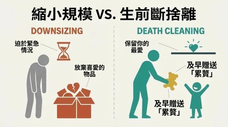 A split-panel diagram contrasting forced downsizing on the left with mindful, voluntary death cleaning and early gifting on the right.