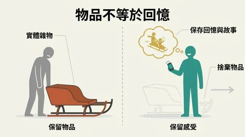 Split panel diagram comparing a person burdened by keeping a heavy physical sled with a person who has discarded the physical sled but happily preserved its memory.
