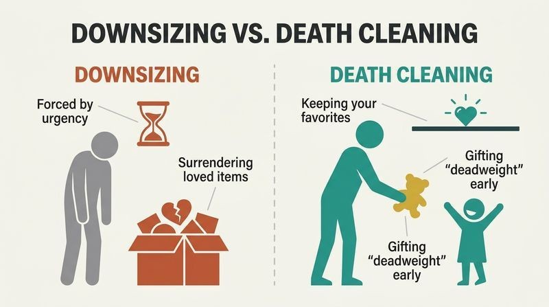A split-panel diagram contrasting forced downsizing on the left with mindful, voluntary death cleaning and early gifting on the right.