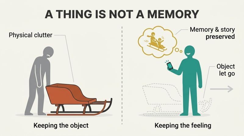 Split panel diagram comparing a person burdened by keeping a heavy physical sled with a person who has discarded the physical sled but happily preserved its memory.