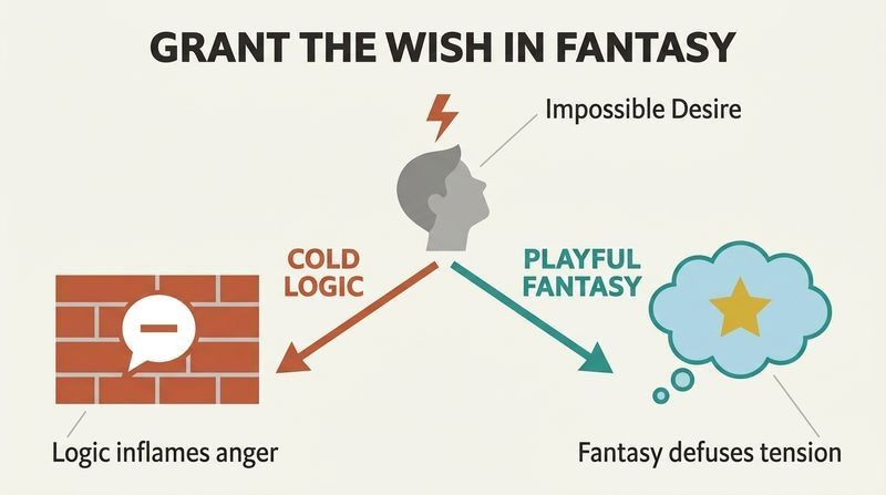 Fork diagram comparing how cold logic inflames a teen's frustration while playing along with a fantasy thought cloud defuses it.
