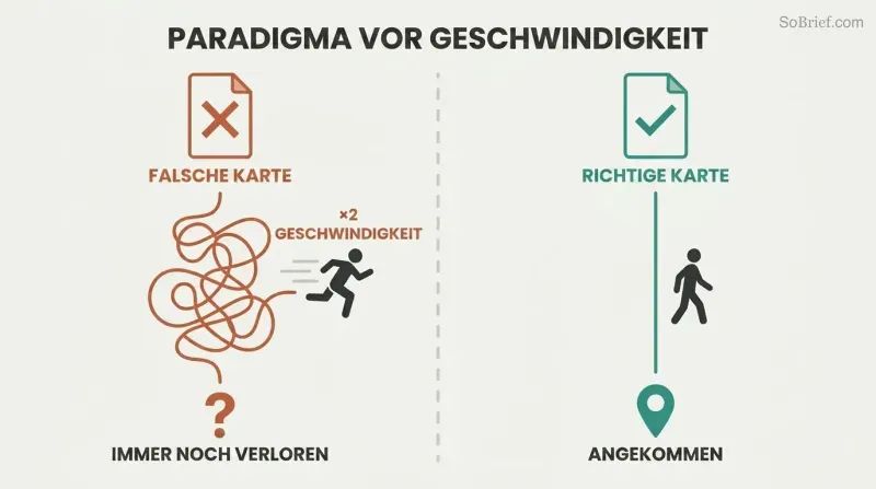 Split panel comparing a wrong map with a tangled path and doubled speed leading nowhere versus a right map with a straight path leading directly to the destination.