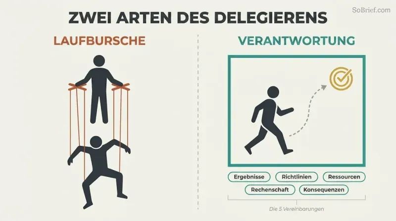 Split comparison showing gofer delegation as puppet strings controlling a constrained worker versus stewardship delegation as a teal frame of five agreements with a free-moving worker choosing their own path to a defined result.