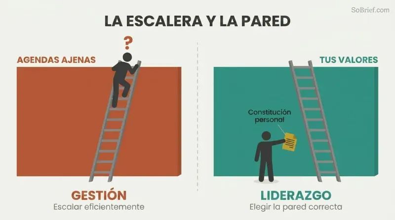 Split panel contrasting a figure stranded atop a ladder against the wrong wall with a figure choosing the right wall using a personal constitution blueprint.
