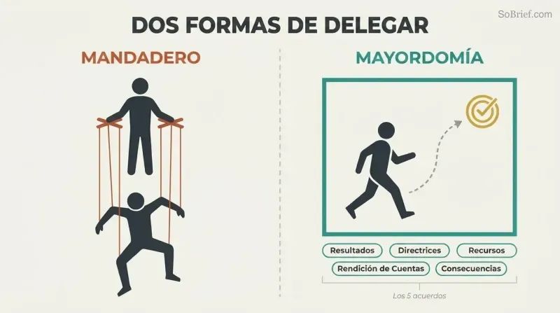 Split comparison showing gofer delegation as puppet strings controlling a constrained worker versus stewardship delegation as a teal frame of five agreements with a free-moving worker choosing their own path to a defined result.