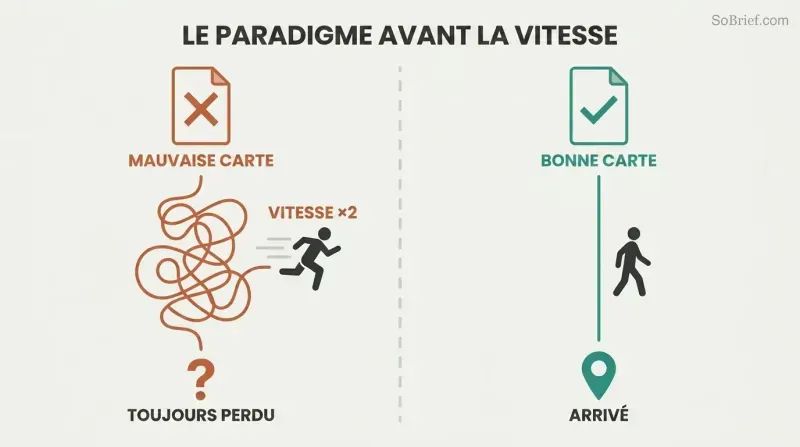 Split panel comparing a wrong map with a tangled path and doubled speed leading nowhere versus a right map with a straight path leading directly to the destination.