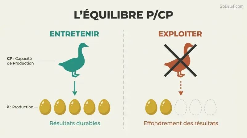 Split comparison showing a healthy goose producing steady golden eggs versus an exploited goose with production collapsing after only two eggs.
