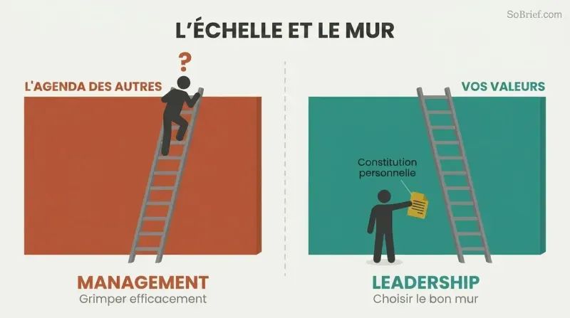 Split panel contrasting a figure stranded atop a ladder against the wrong wall with a figure choosing the right wall using a personal constitution blueprint.
