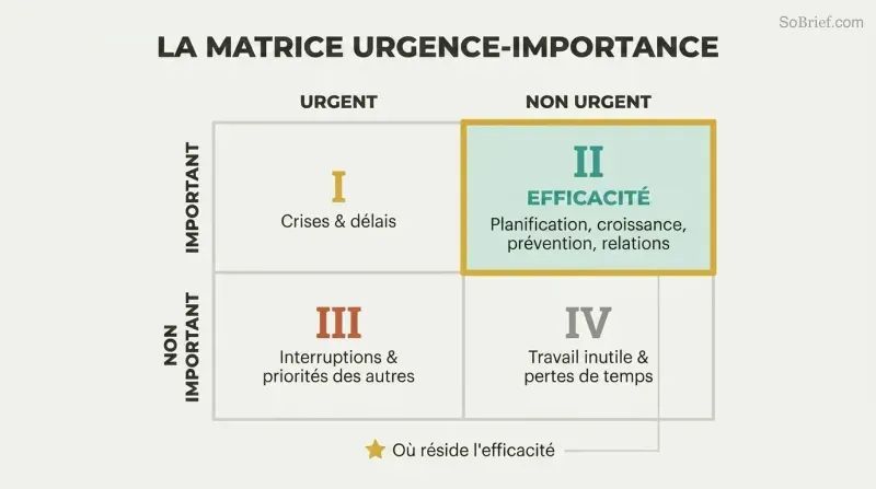 Two-by-two grid mapping urgency against importance, with the important-but-not-urgent quadrant highlighted as where effectiveness truly lives.