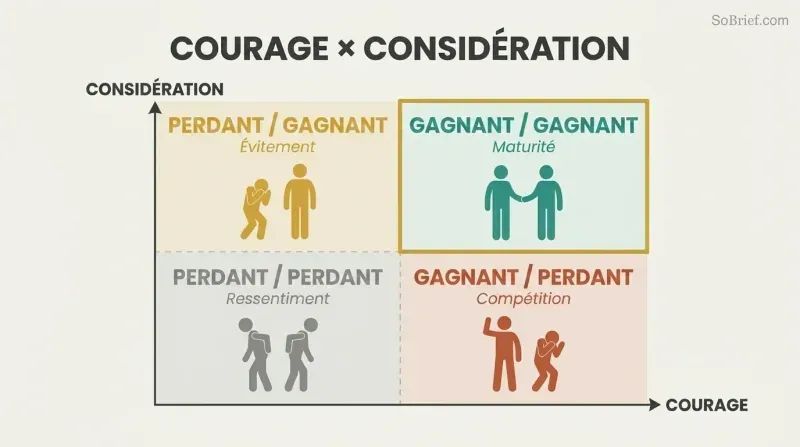 Two-by-two matrix plotting courage against consideration, showing Win/Win as the only quadrant requiring both dimensions fully, while competition and avoidance each lack one.