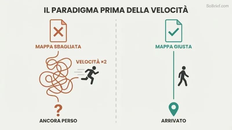 Split panel comparing a wrong map with a tangled path and doubled speed leading nowhere versus a right map with a straight path leading directly to the destination.