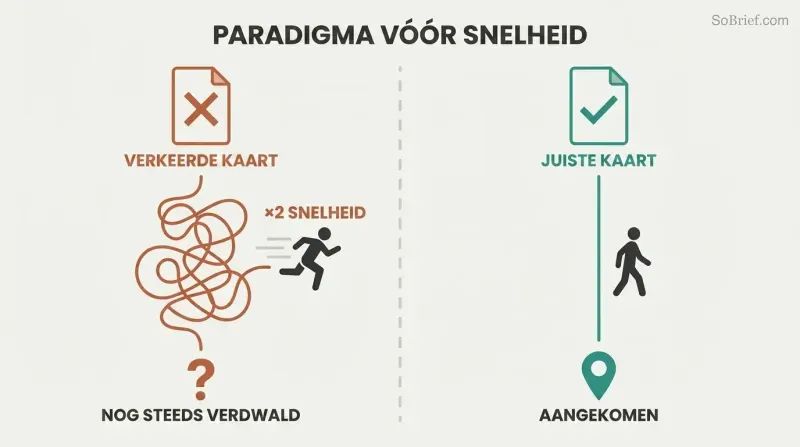 Split panel comparing a wrong map with a tangled path and doubled speed leading nowhere versus a right map with a straight path leading directly to the destination.
