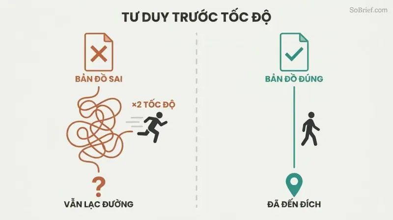 Split panel comparing a wrong map with a tangled path and doubled speed leading nowhere versus a right map with a straight path leading directly to the destination.