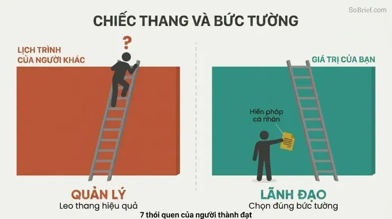 Split panel contrasting a figure stranded atop a ladder against the wrong wall with a figure choosing the right wall using a personal constitution blueprint.