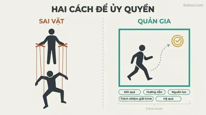 Split comparison showing gofer delegation as puppet strings controlling a constrained worker versus stewardship delegation as a teal frame of five agreements with a free-moving worker choosing their own path to a defined result.