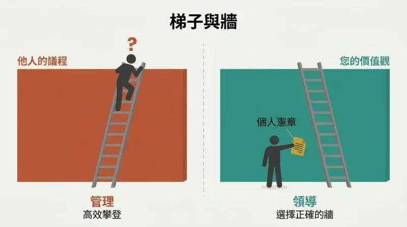 Split panel contrasting a figure stranded atop a ladder against the wrong wall with a figure choosing the right wall using a personal constitution blueprint.