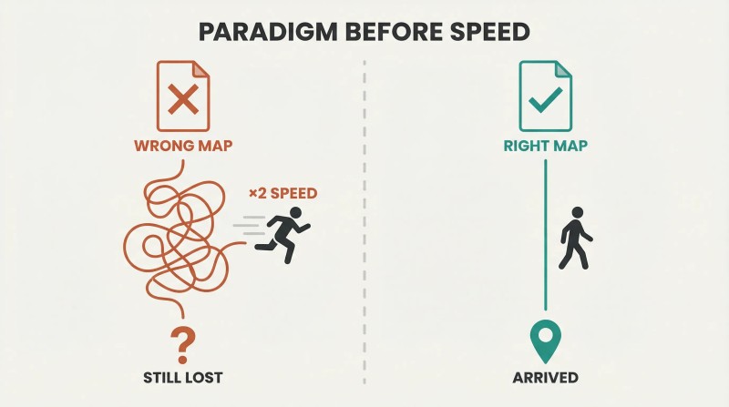 Split panel comparing a wrong map with a tangled path and doubled speed leading nowhere versus a right map with a straight path leading directly to the destination.