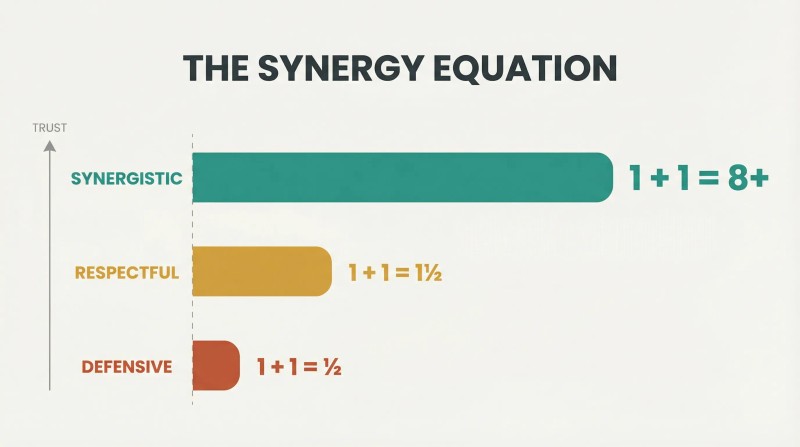 Three horizontal bars of dramatically different lengths ascending from bottom to top, showing how defensive, respectful, and synergistic communication produce outputs of one-half, one-and-a-half, and eight-plus from identical inputs.