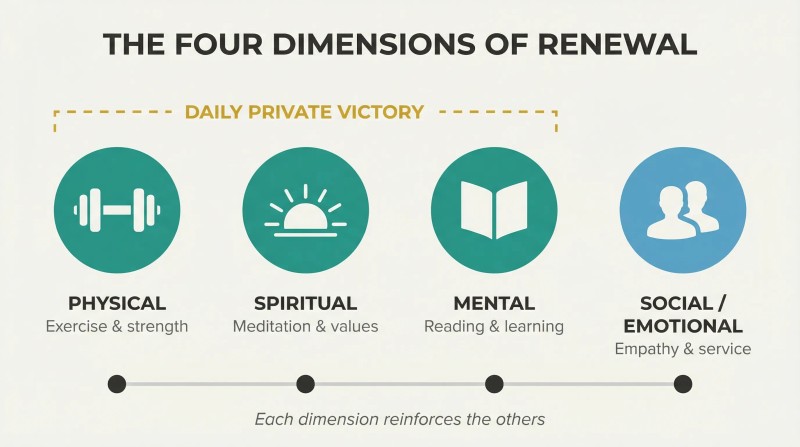 Four evenly spaced columns with icon circles for physical, spiritual, mental, and social-emotional renewal, the first three grouped under a gold bracket labeled Daily Private Victory, all connected by a synergy line below.