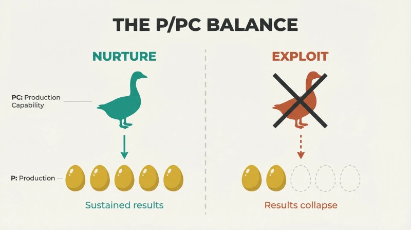 Split comparison showing a healthy goose producing steady golden eggs versus an exploited goose with production collapsing after only two eggs.