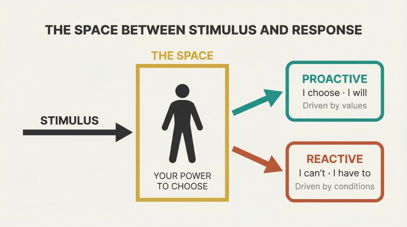 Horizontal flow showing a stimulus arrow entering a gold-framed space where a figure chooses between an upward proactive path and a downward reactive path.