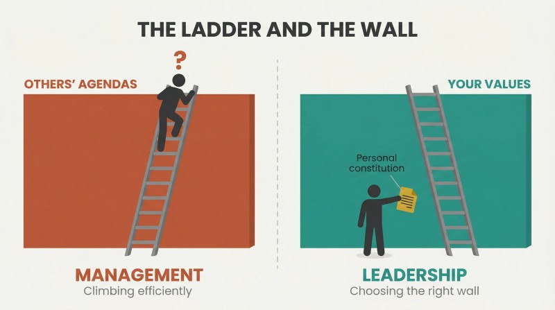 Split panel contrasting a figure stranded atop a ladder against the wrong wall with a figure choosing the right wall using a personal constitution blueprint.